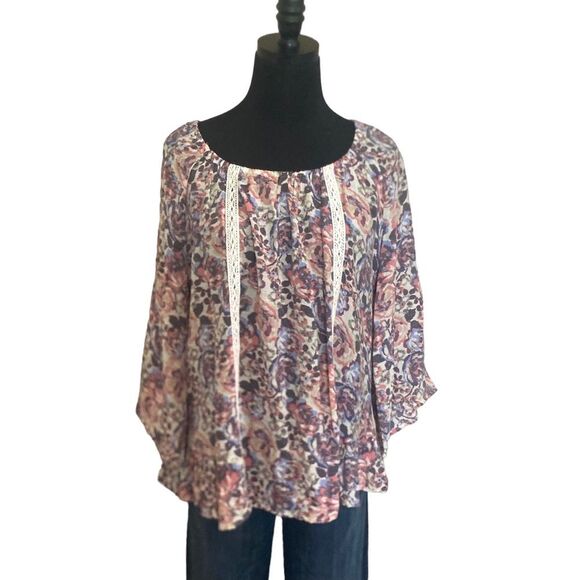 Zac & Rachel Flowy Floral Blouse with Lace Accent, Size Medium - Picture 1 of 9